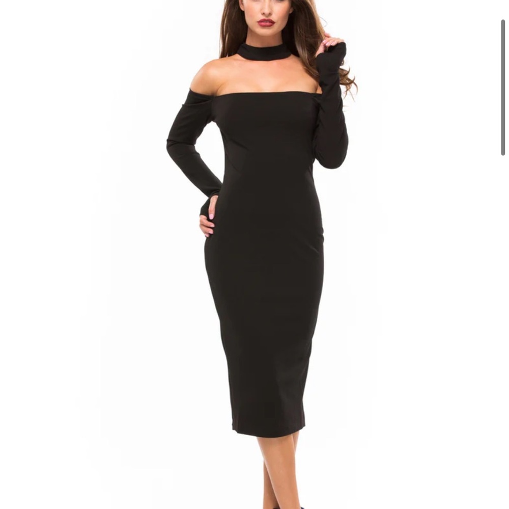 Asilio off the shoulder black midi dress with collar Au Size 6